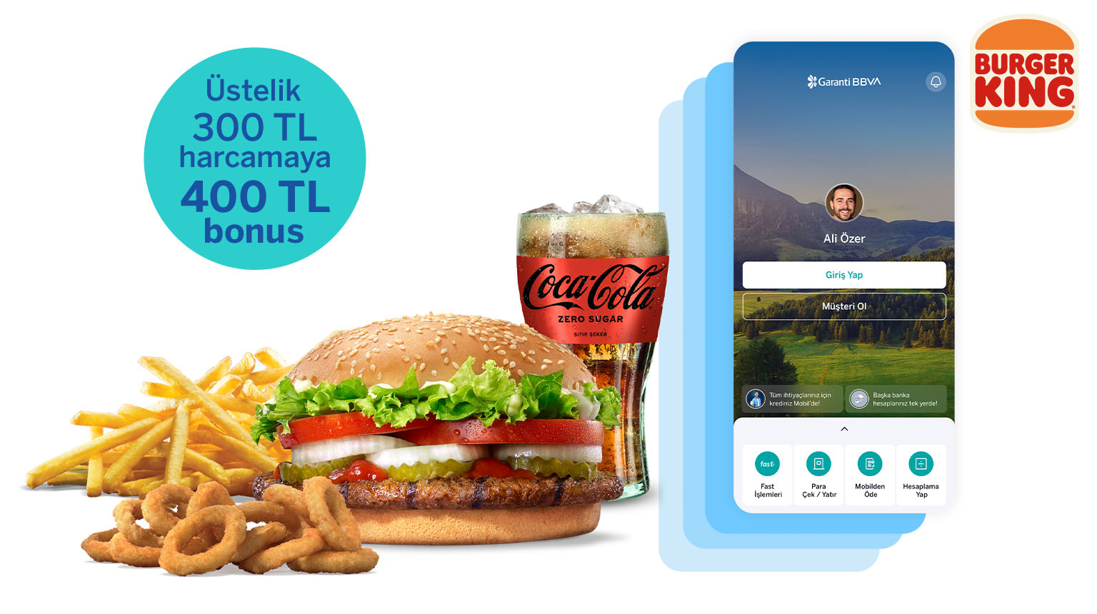 BURGER25 koduyla Garanti BBVA Mobil’den müşterimiz olun, Burger King®restoranlarında Whopper Menü kazanın! Üstelik, Bonus ile 400 TL Burger King® restoranlarındaki harcamanıza 400 TL bonus fırsatından yararlanın!